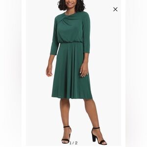 London Times Green with Cowl Neck 3/4 Sleeves Minimalist A-Line Dress 16 NWT